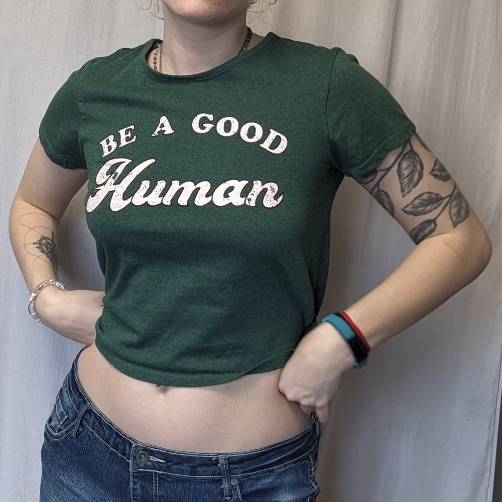 Green Graphic Tee Made With Recycled Fabric - 'Be a Good Human' Size medium